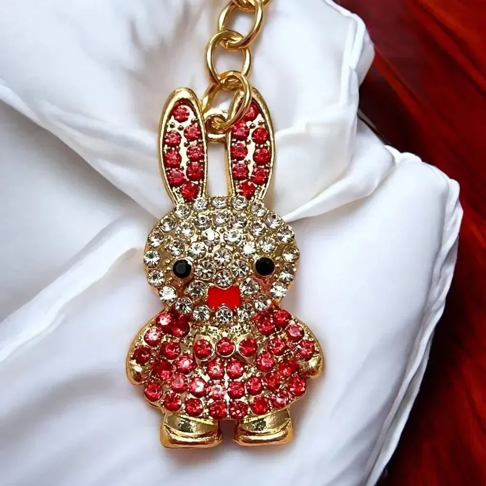 White and Red Rhinestone Bunny Gold Tone Keychain